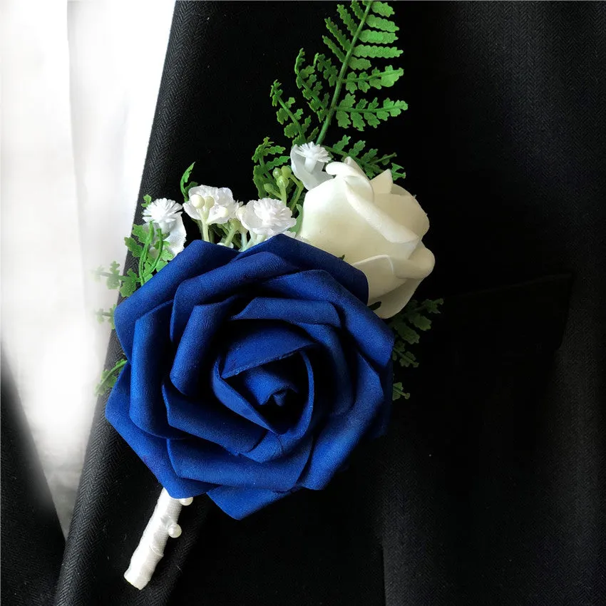 Royal Blue Prom Corsage Best Man Boutonniere Fake Rose