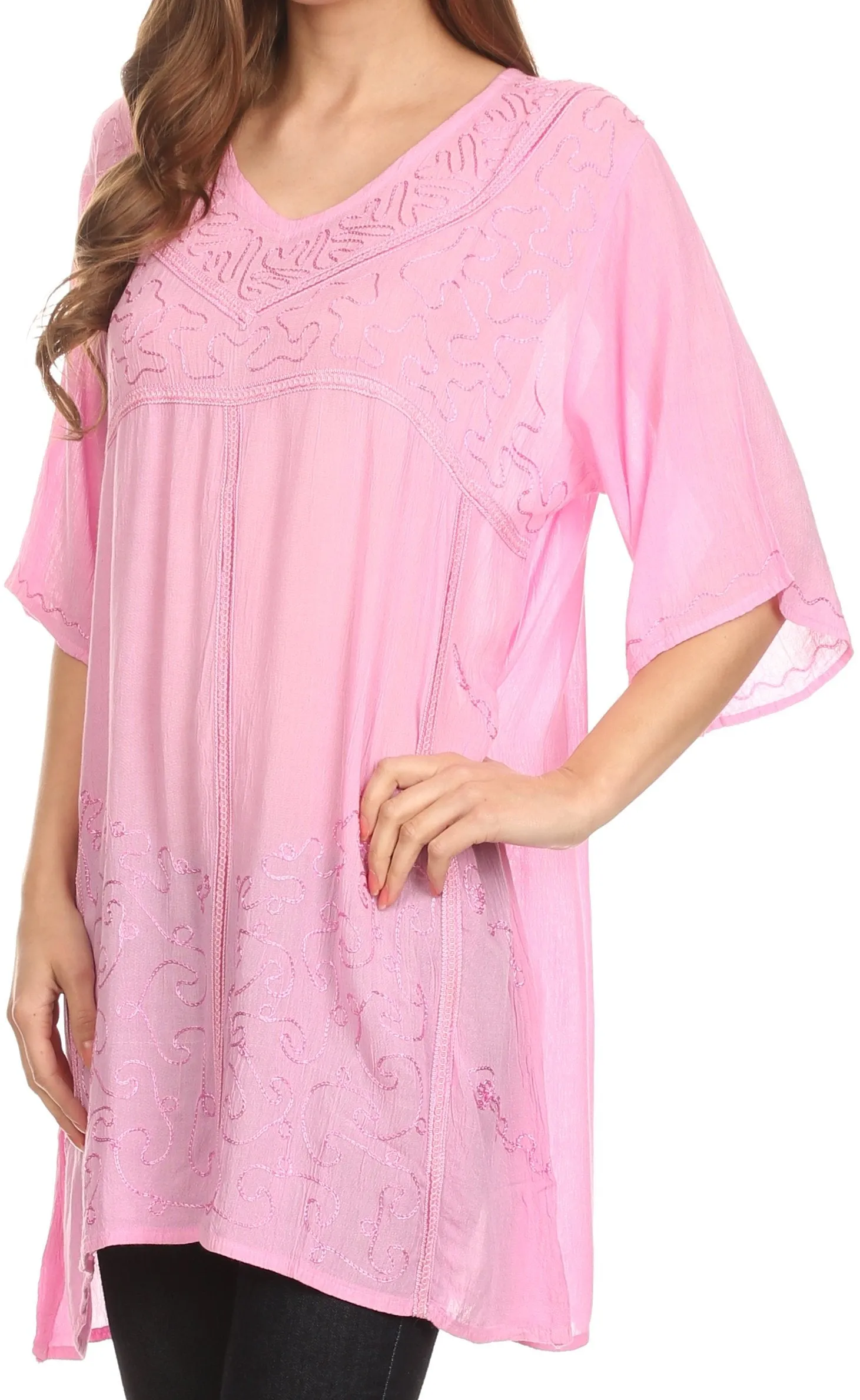 Sakkas Gaya Long Tall Embroidered V-Neck Blouse Top With Mid Length Sleeves