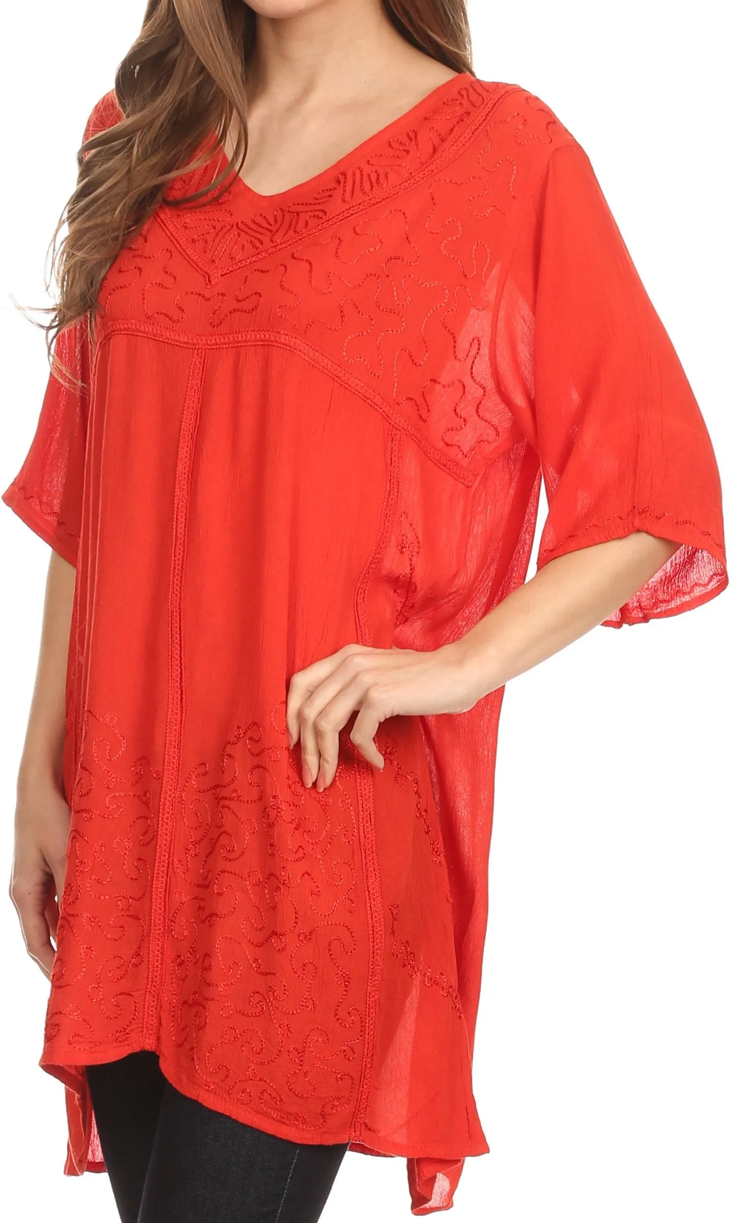 Sakkas Gaya Long Tall Embroidered V-Neck Blouse Top With Mid Length Sleeves