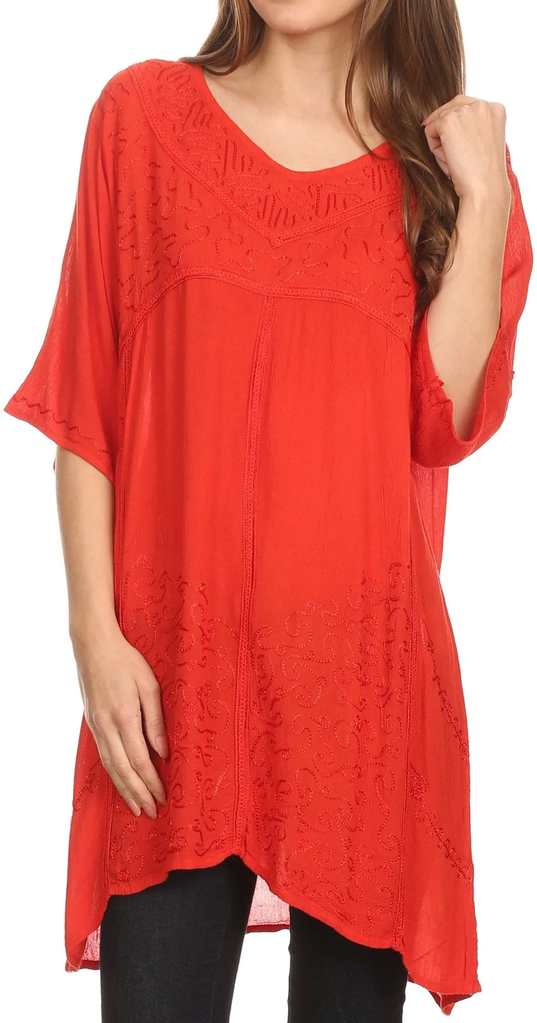 Sakkas Gaya Long Tall Embroidered V-Neck Blouse Top With Mid Length Sleeves