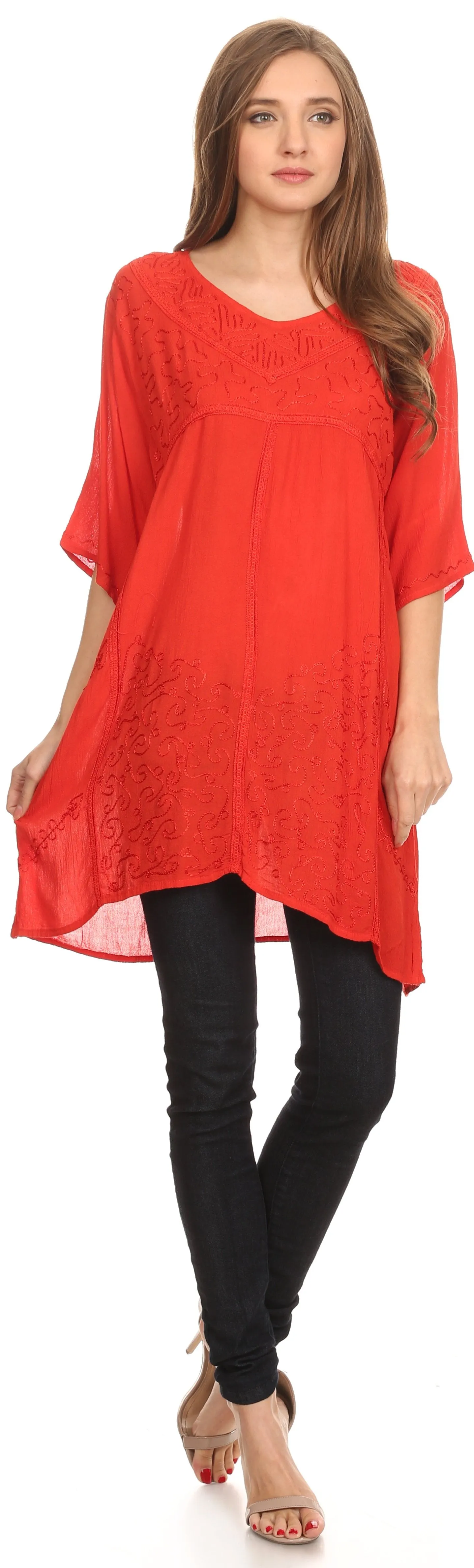 Sakkas Gaya Long Tall Embroidered V-Neck Blouse Top With Mid Length Sleeves