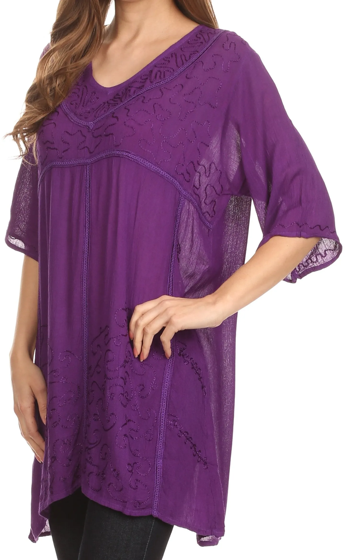 Sakkas Gaya Long Tall Embroidered V-Neck Blouse Top With Mid Length Sleeves