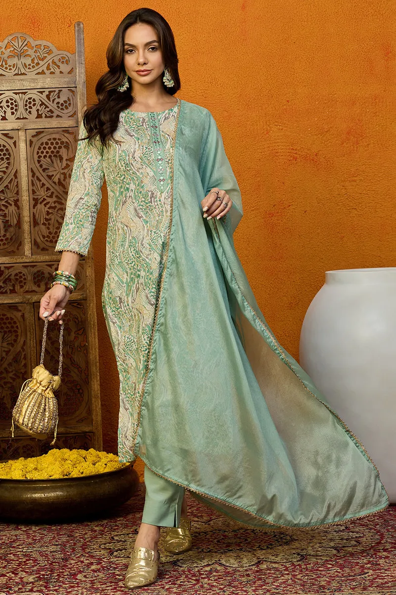 Sea Green Pure Cotton Abstract Printed Straight Suit Set