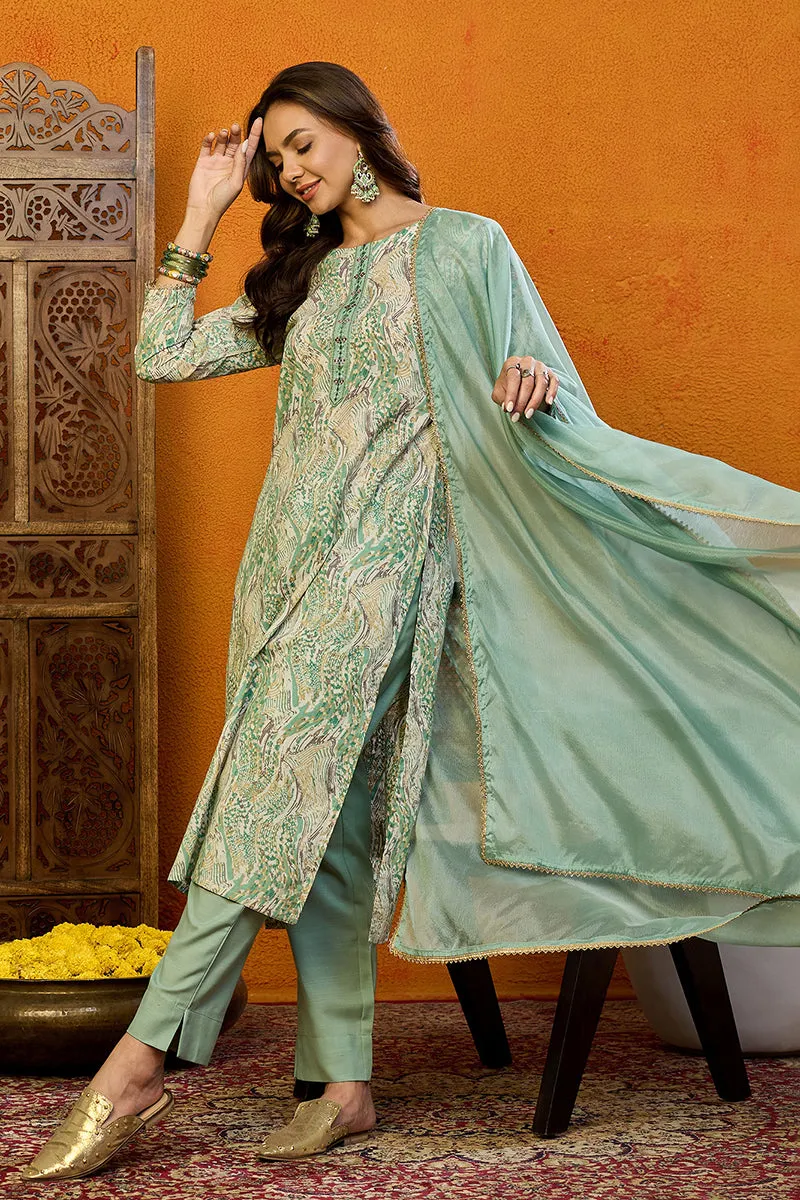 Sea Green Pure Cotton Abstract Printed Straight Suit Set