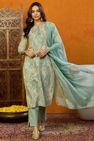 Sea Green Pure Cotton Abstract Printed Straight Suit Set