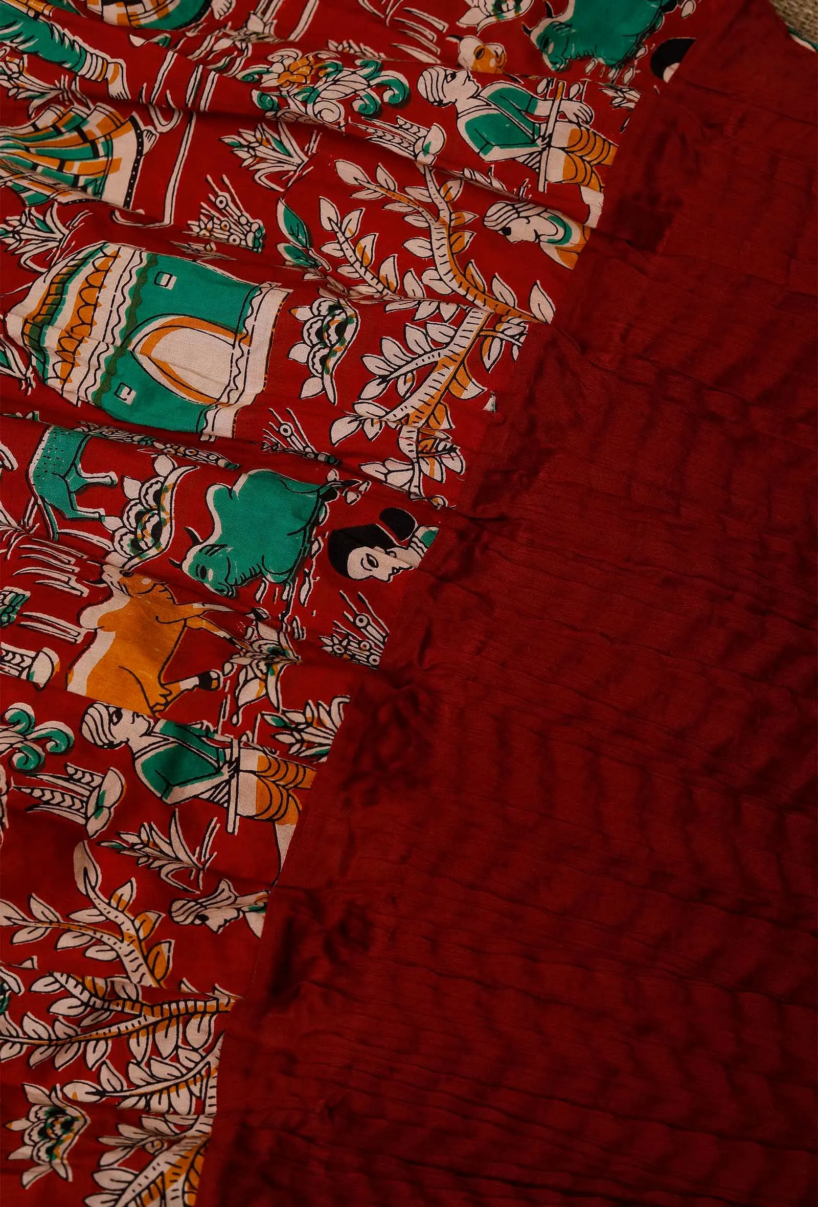 Set of 2: Red Cotton Slip and Cotton Kalamkari Skirt