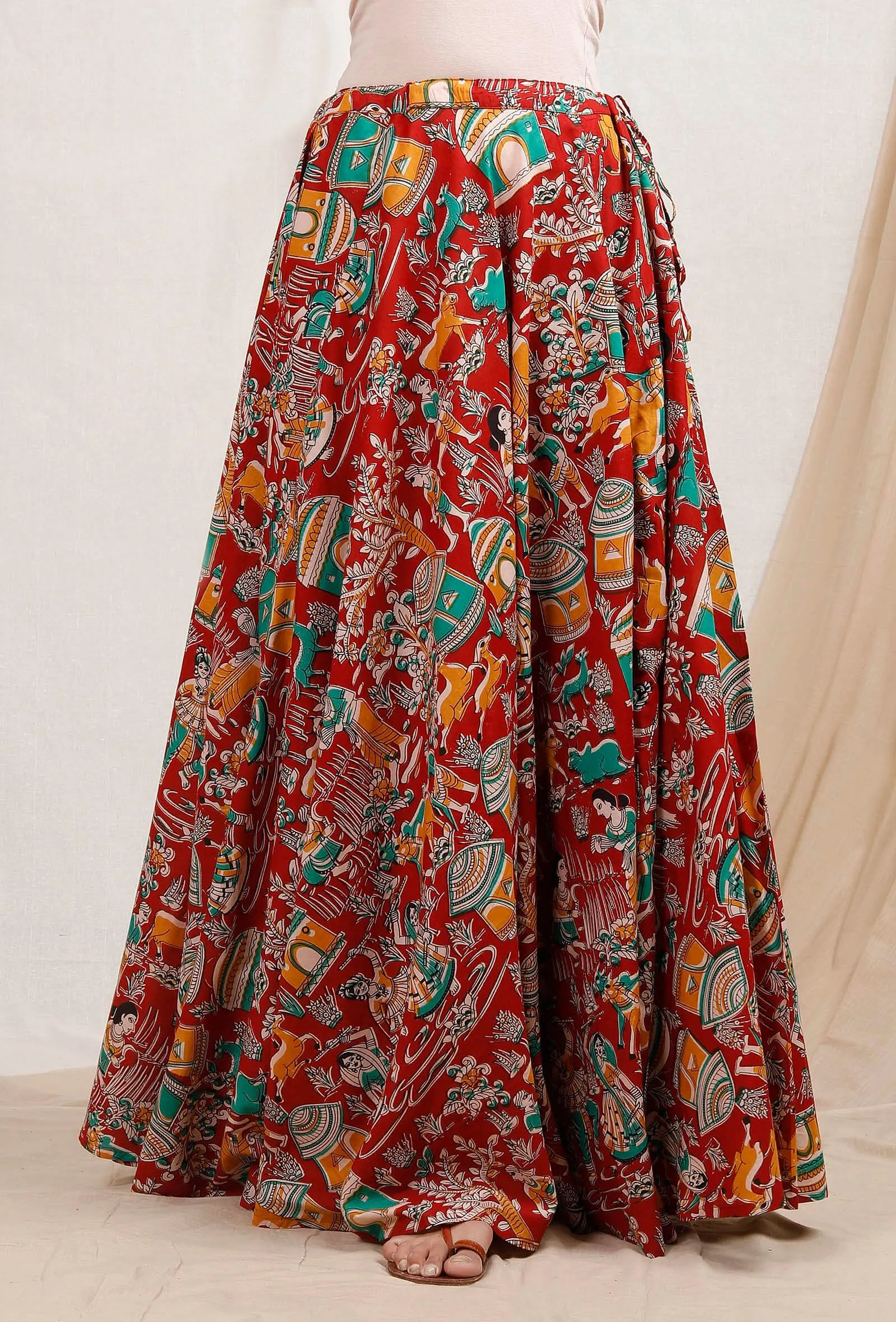 Set of 2: Red Cotton Slip and Cotton Kalamkari Skirt