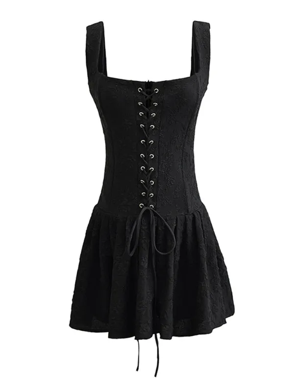 TEEK - Black Laced High-Waisted Tank Pleated Embroidered Short Dress