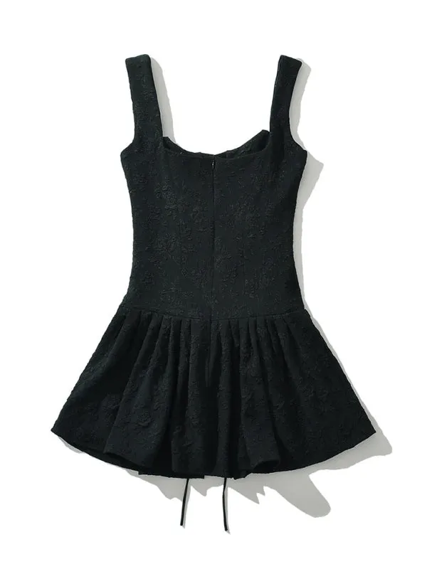 TEEK - Black Laced High-Waisted Tank Pleated Embroidered Short Dress