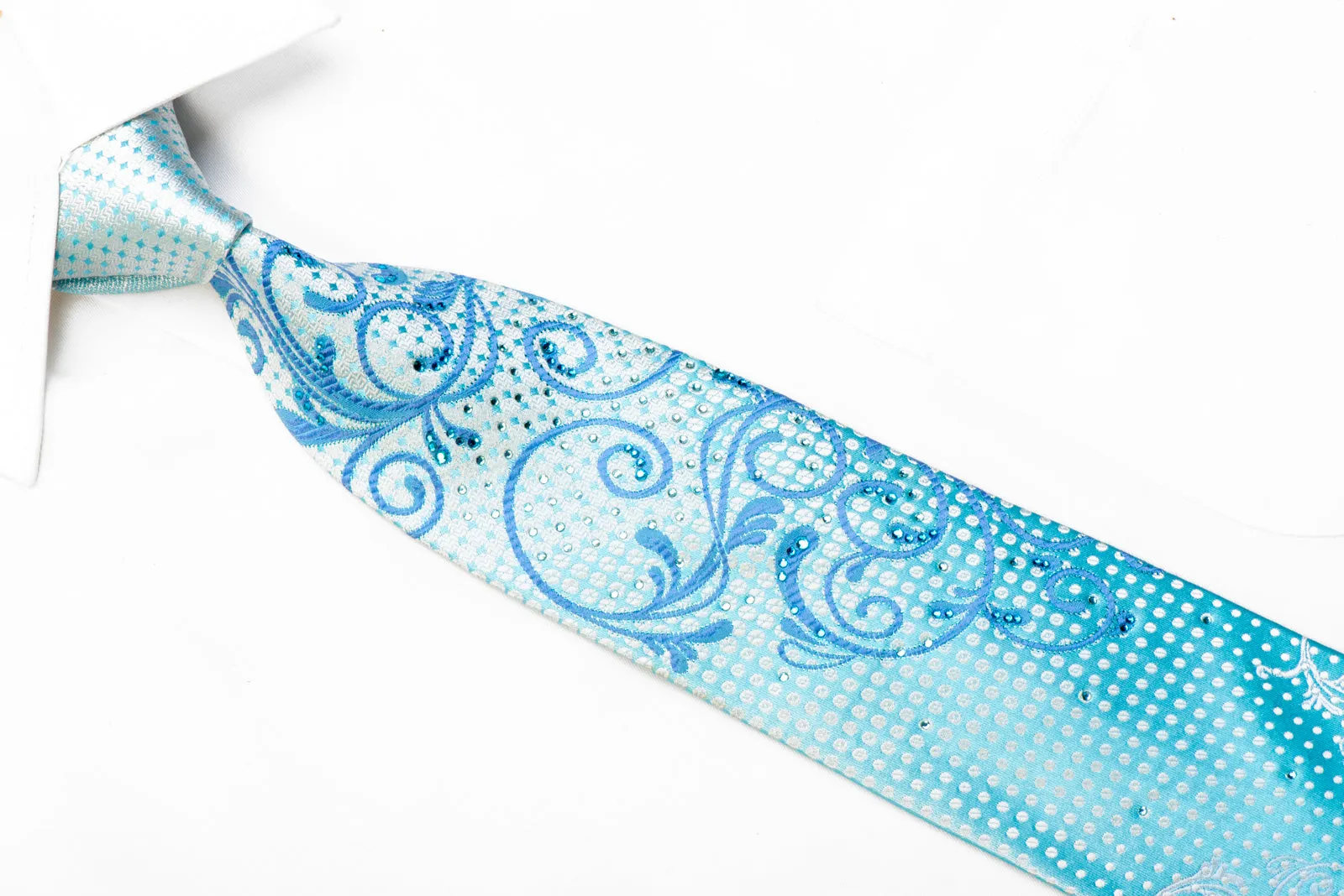 Vito Rufolo Crystal Rhinestone Silk Tie Silver Blue Scrolls On Pale Blue