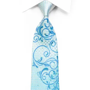 Vito Rufolo Crystal Rhinestone Silk Tie Silver Blue Scrolls On Pale Blue