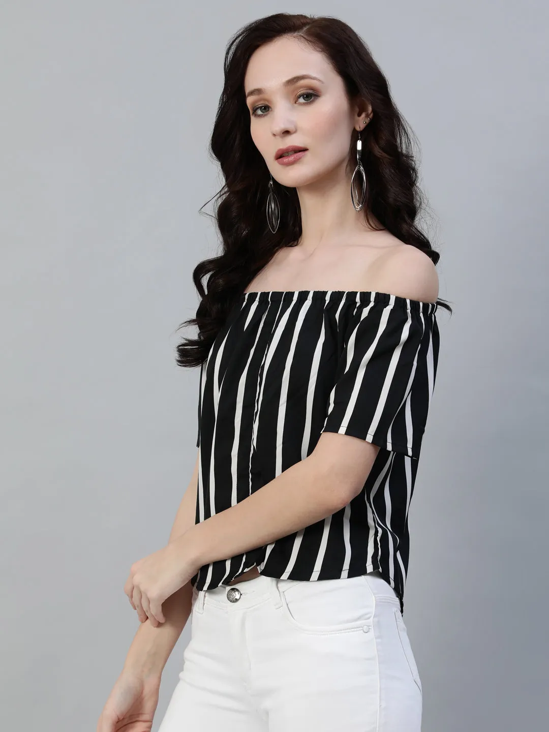 Women Black & White Striped Printed Top