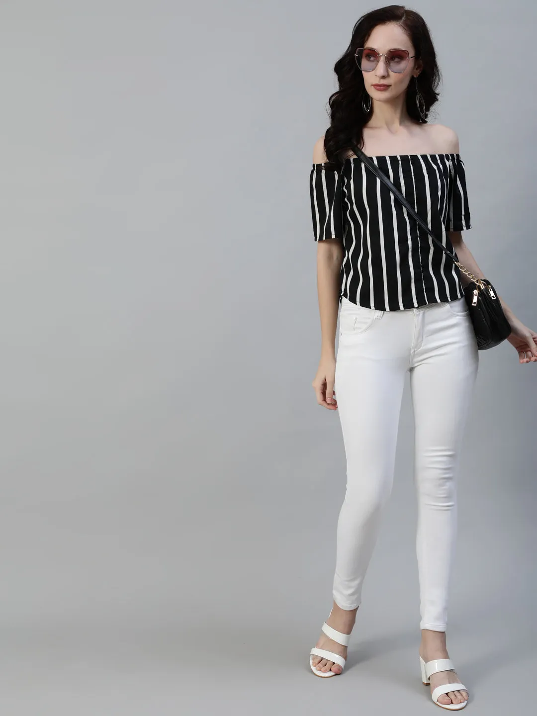 Women Black & White Striped Printed Top