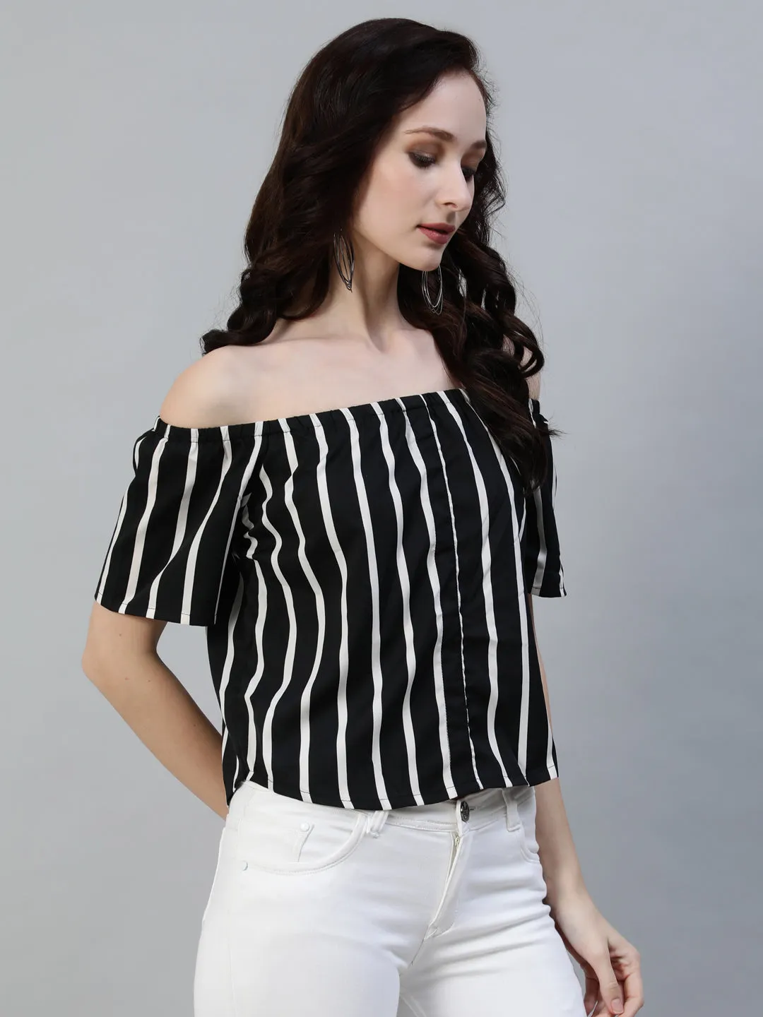 Women Black & White Striped Printed Top