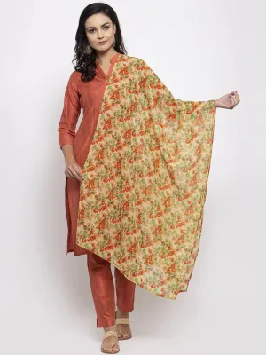 Women Orange Self-Striped Kurta With Trousers & Floal Georgette Dupatta