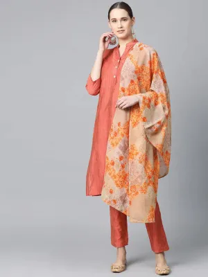 Women Rust Orange & Beige Self-Striped Kurta With Trousers & Dupatta