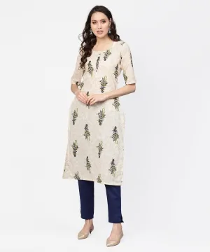 Women White Multi Colored Printed Straight Kurta With Solid Navy Blue Cigarette Pants