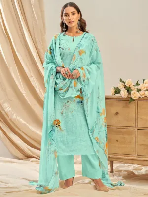 Women's Cotton Linen Green Unstitched Suit With Chiffon Dupatta