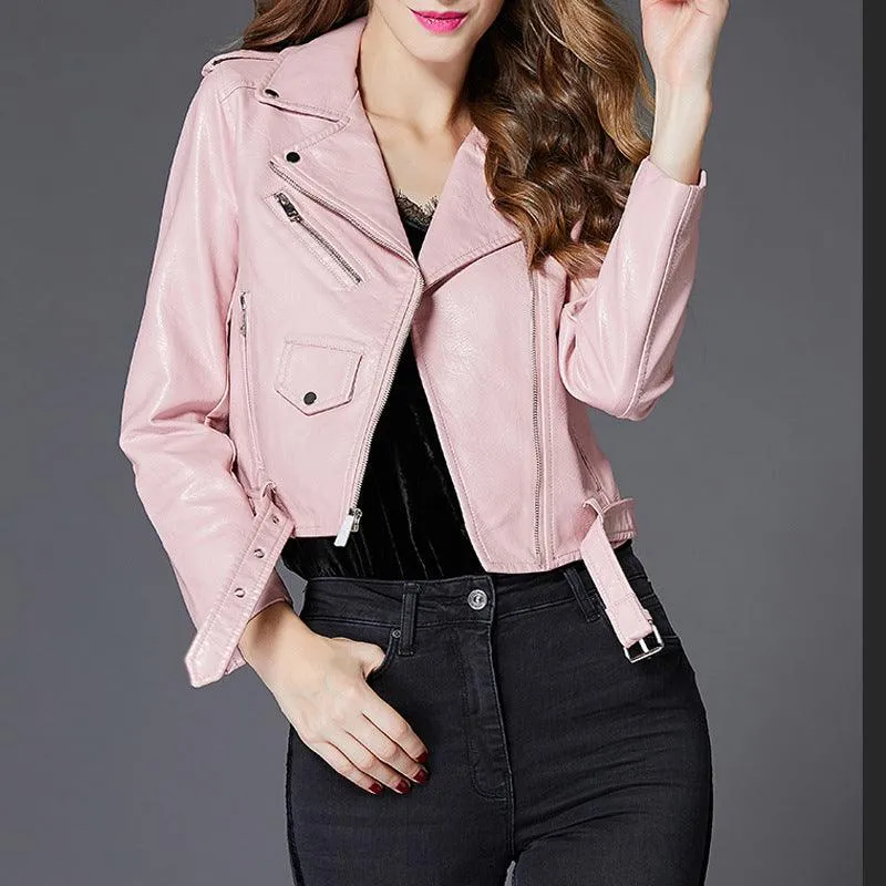 Women's Short Slim PU Leather Jacket